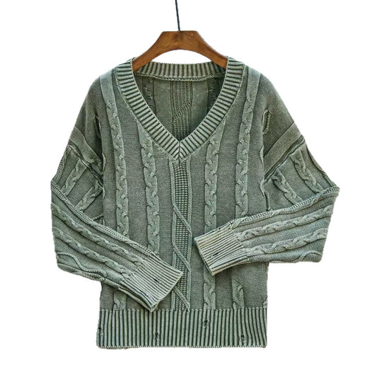 Damen Modischer Strickpullover mit V-Ausschnitt und Zopfmuster EB