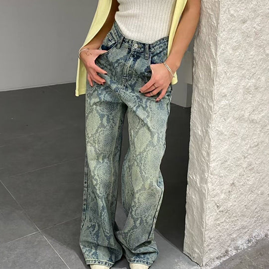 Damen nan hochgeschnittene Jeans mit Schlangenprint, weitem Bein und geradem Schnitt EB