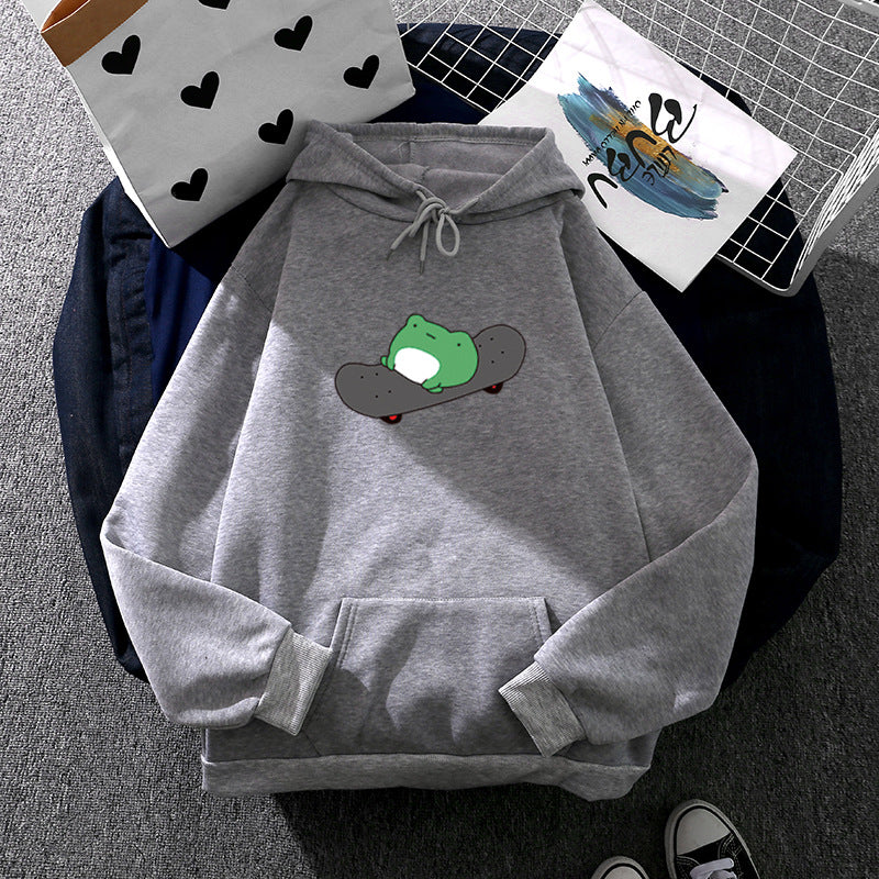 Unisex nan Kapuzenpullover mit Skater-Frosch-Print, weichem Fleece-Innenfutter und Kängurutasche EB