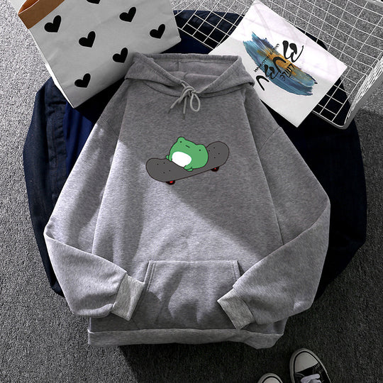 Unisex nan Kapuzenpullover mit Skater-Frosch-Print, weichem Fleece-Innenfutter und Kängurutasche EB