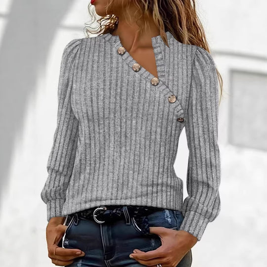 Damen Gerippter Feinstrickpullover mit asymmetrischer Knopfleiste EB
