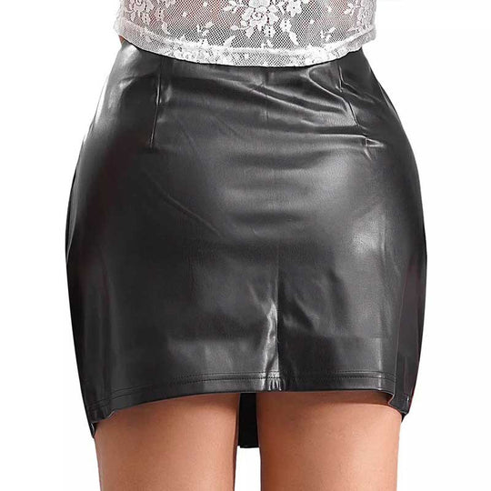 Damen kurzer Kunstlederrock mit kontrastierenden Taschen und modischem Reißverschluss EB