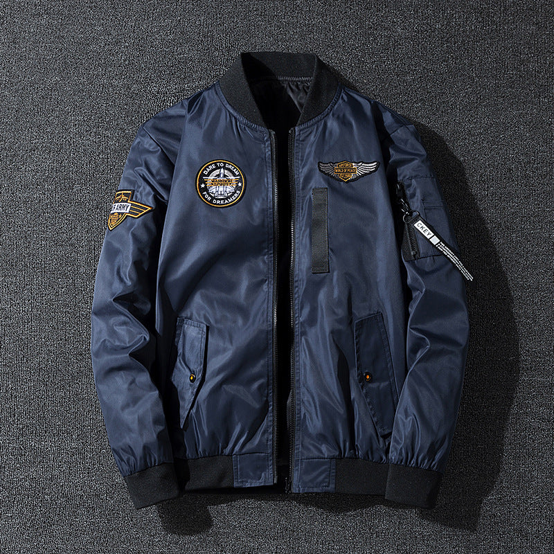 Men's  vintage aviation patch lightweight flight bomber jacket with ribbed collar and zip sleeve pocket EB