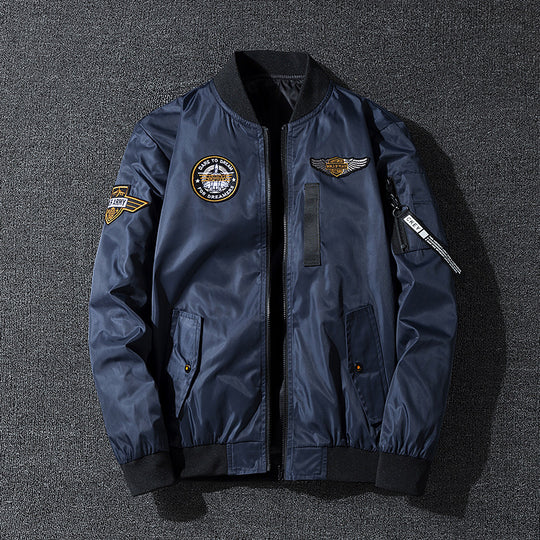 Men's  vintage aviation patch lightweight flight bomber jacket with ribbed collar and zip sleeve pocket EB