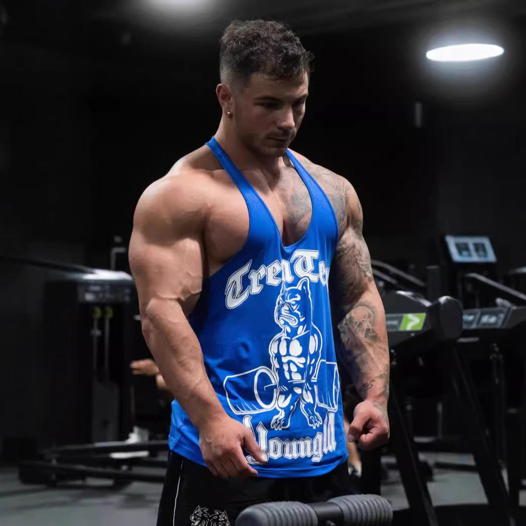 Herren nan figurbetontes Fitness-Tanktop mit Bulldoggen-Grafik und extra tiefen Armausschnitten EB