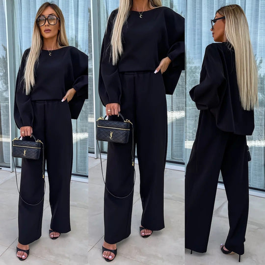 Damen elegantes Zweiteiliges Set mit oversize Bluse und weitem Hosen EB