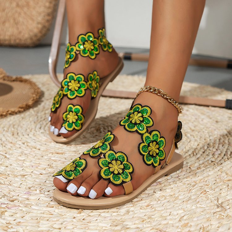 Damen elegante Zehensteg-Sandalen mit floralem Stickdesign und rutschfester Sohle EB
