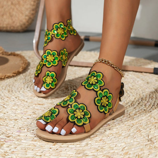 Damen elegante Zehensteg-Sandalen mit floralem Stickdesign und rutschfester Sohle EB