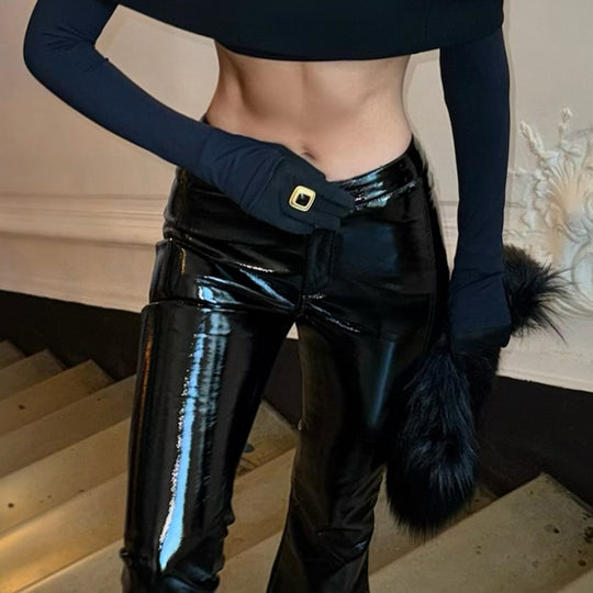 Damen nan hochglänzende Lackhose mit hoher Taille, figurbetonter Oberschenkelpassform und weitem Schlag EB