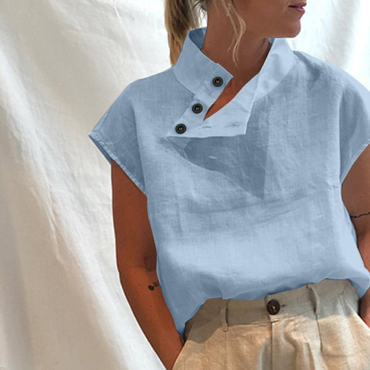 Damen moderne Bluse mit Stehkragen und eleganten Knopfdetails EB