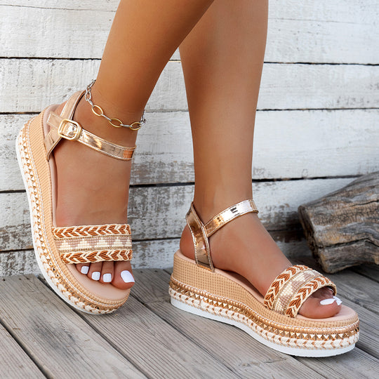 Damen Wedge-Sandaletten mit verstellbarem Riemendesign und dekorativem Akzent EB
