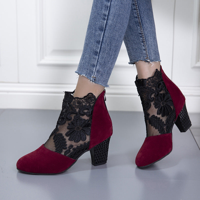 Damen elegante Ankle-Stiefeletten mit floralen Spitzenverzierungen EB