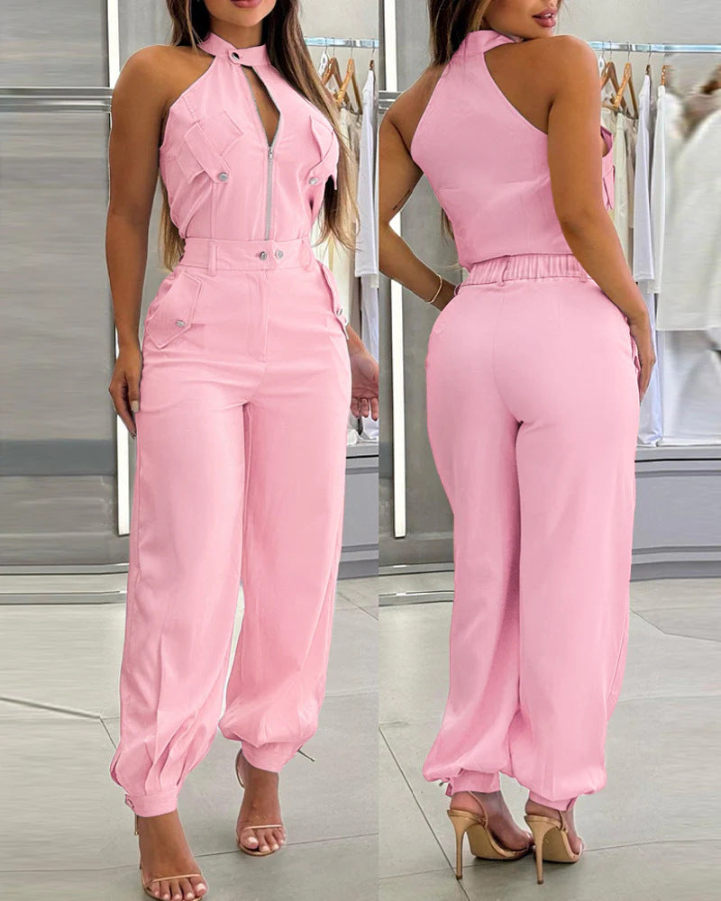 Damen modischer einteiliger Overall mit hohem Kragen und praktischen Taschen EB