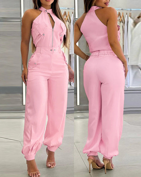 Damen modischer einteiliger Overall mit hohem Kragen und praktischen Taschen EB