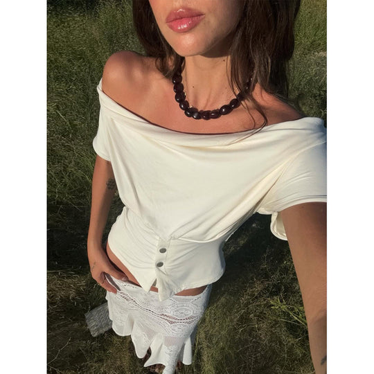 Damen Off-Shoulder Oberteil mit Knopfdetails EB