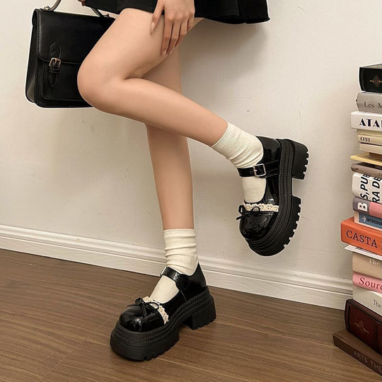 Damen Chunky Mary-Jane Plateauschuhe mit Riemen, Zierschleife und Spitzenbesatz EB