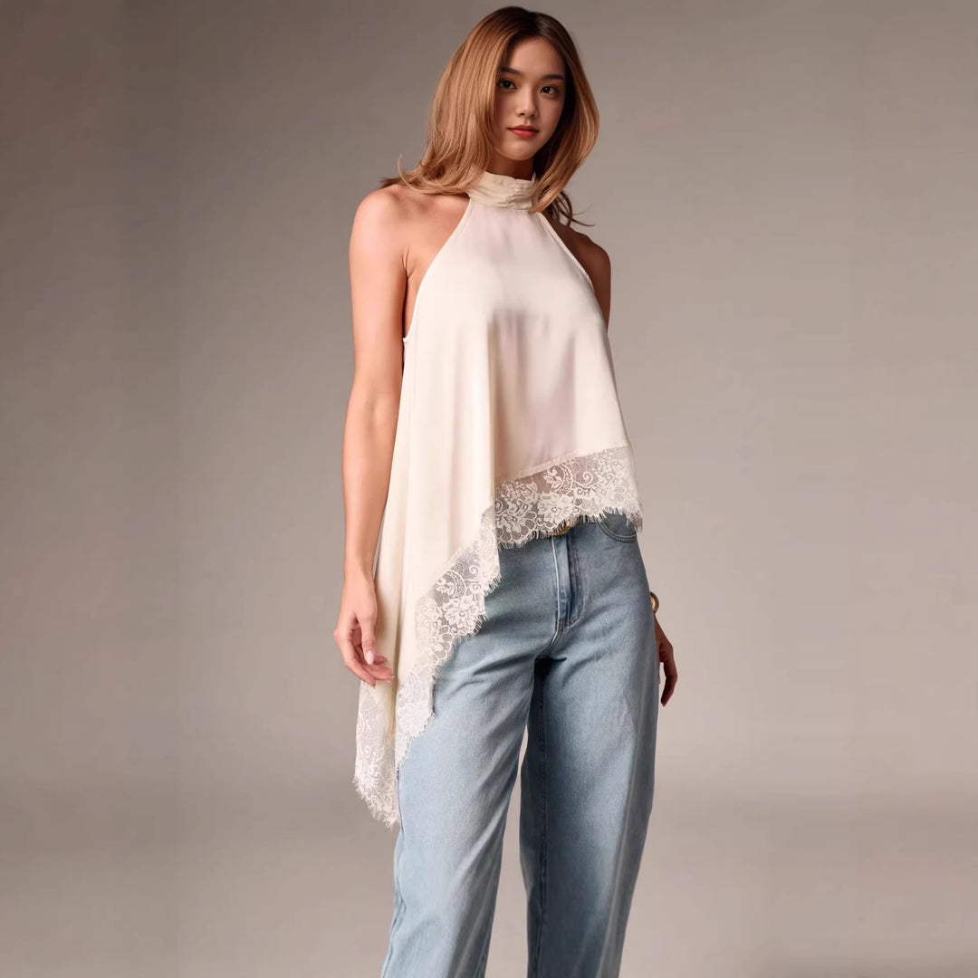 Damen luftiges Chiffon-Top mit eleganter Spitzenverzierung EB