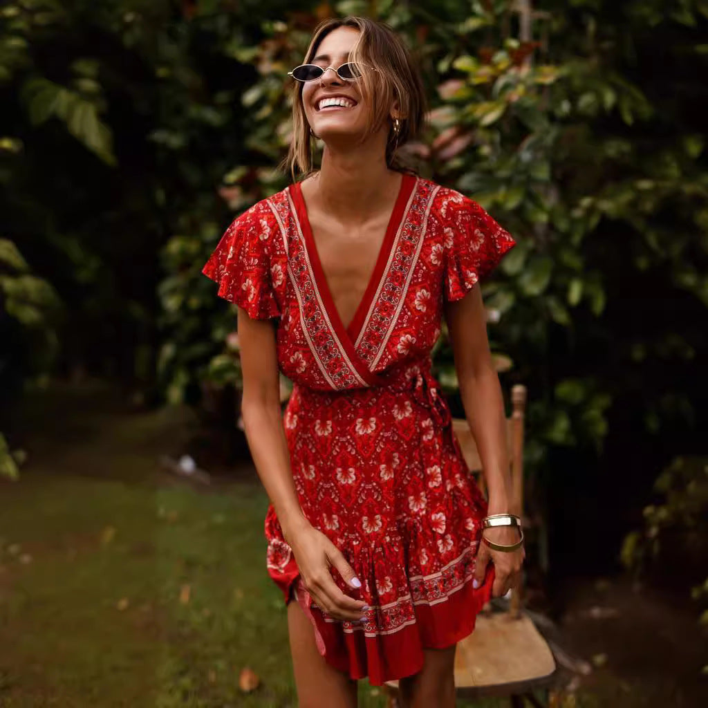 Damen Wickelkleid mit floralem Design und Rüschendetails EB