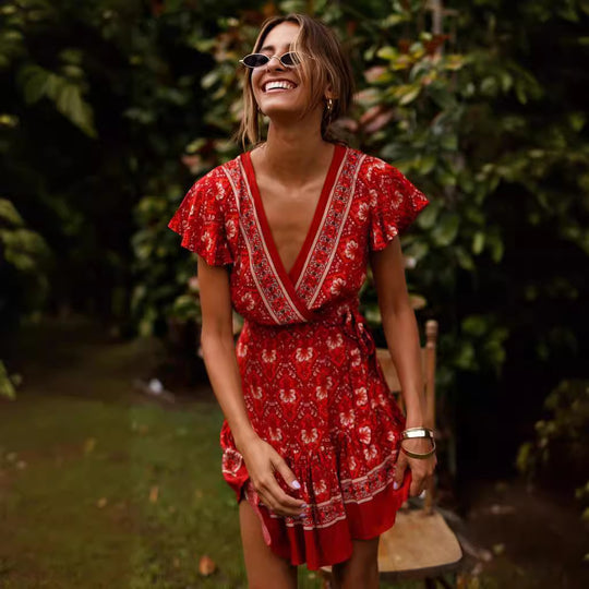 Damen Wickelkleid mit floralem Design und Rüschendetails EB