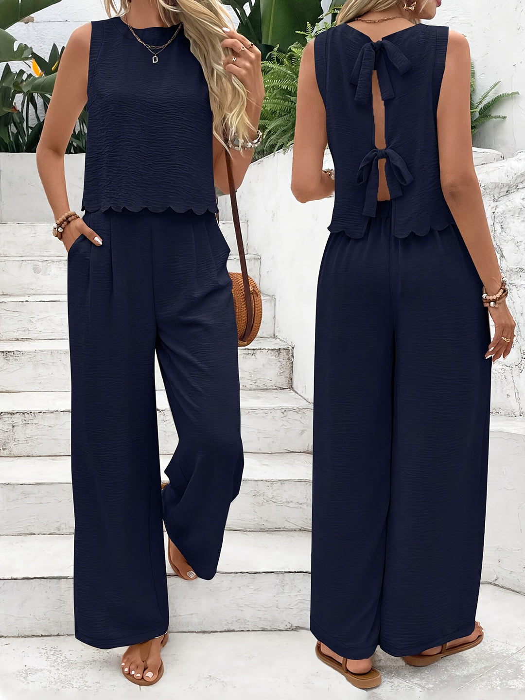 Damen Jumpsuit mit elegantem Rückenausschnitt und weitem Bein EB