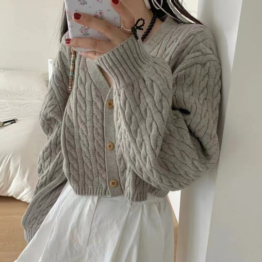 Damen kuscheliger Strickcardigan mit V-Ausschnitt und großen Knöpfen EB
