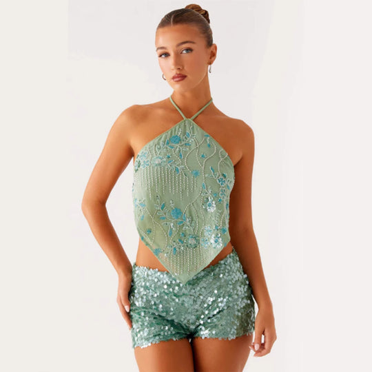 Damen Elegantes Top mit floralem Design und glitzernden Details EB