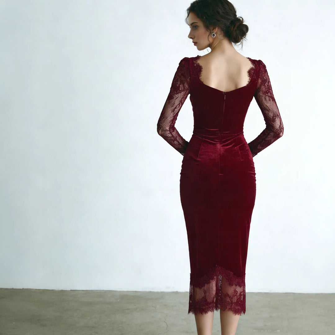 Damen Etuikleid mit Spitzenärmeln und figurbetontem Design EB