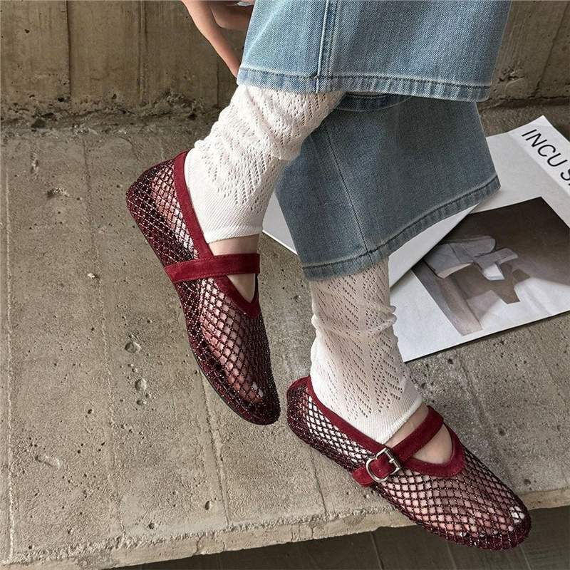 Damen Netz-Ballerinas mit dekorativem Riemen EB