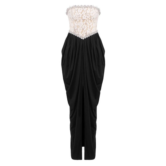 Damen elegantes Abendkleid mit schimmerndem Spitzenoberteil und Drapierungsdetails EB