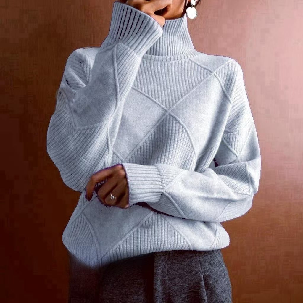 Damen hochwertiger Strickpullover mit stehendem Kragen und extravagantem Rautenmuster EB