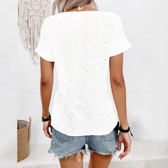 Damen Bluse mit floralen Lochstickereien und V-Ausschnitt EB