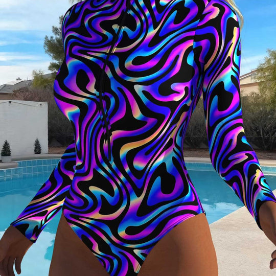 Damen eleganter Langarm-Schwimmanzug mit aufregendem Wellenmuster und hohem Kragen EB