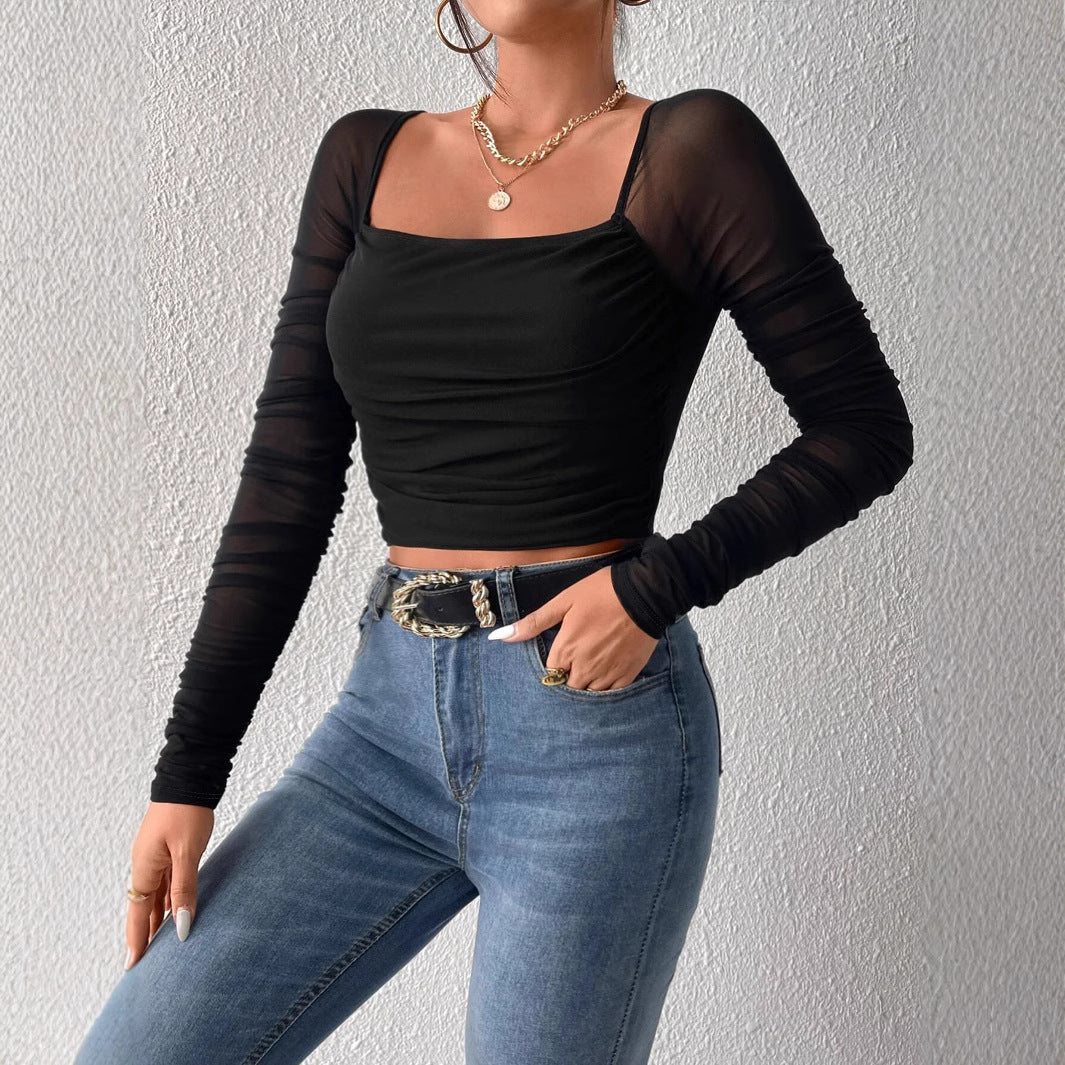 Damen Cropped Oberteil mit transparenten Ärmeln EB