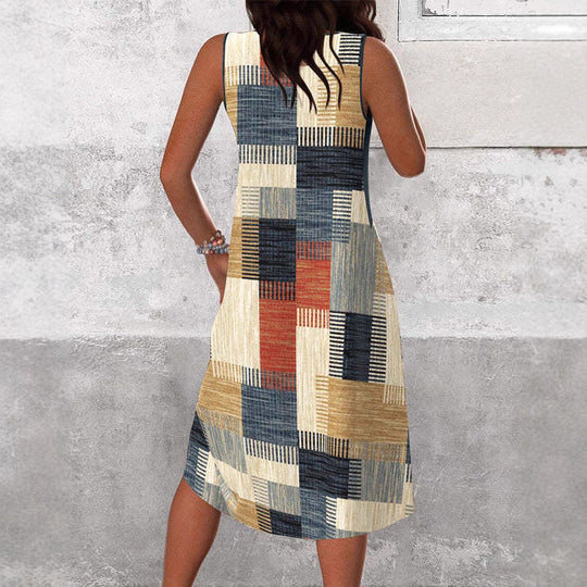 Damen nan ärmelloses V-Ausschnitt Midikleid mit diagonalem Patchworkmuster und geripptem Oberteil EB
