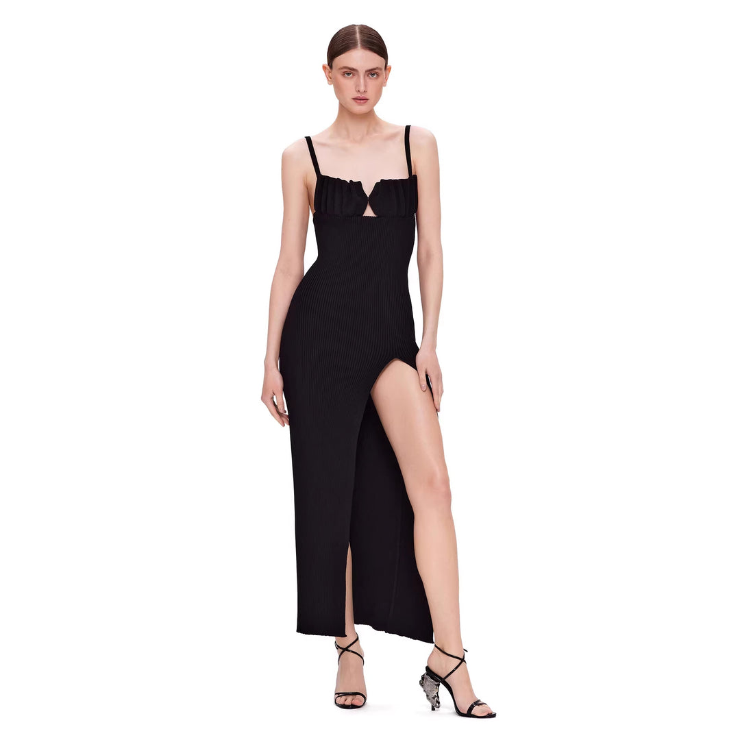 Damen figurbetontes Maxi-Kleid mit raffiniertem Schlitz und gepolsterten Trägern EB