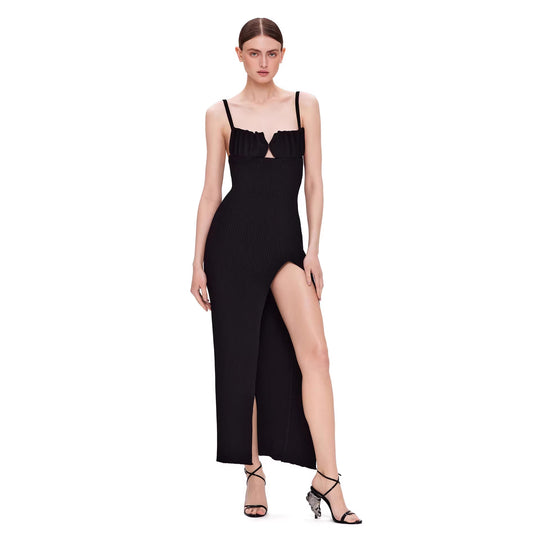 Damen figurbetontes Maxi-Kleid mit raffiniertem Schlitz und gepolsterten Trägern EB