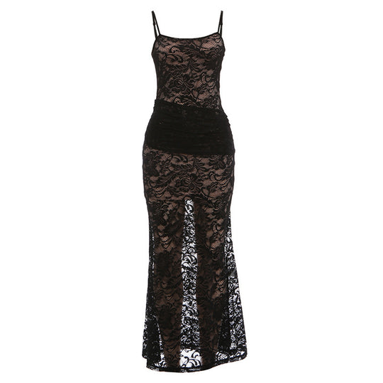 Damen Elegantes Spitzenkleid mit figurbetonter Passform und rückenfreien Design EB