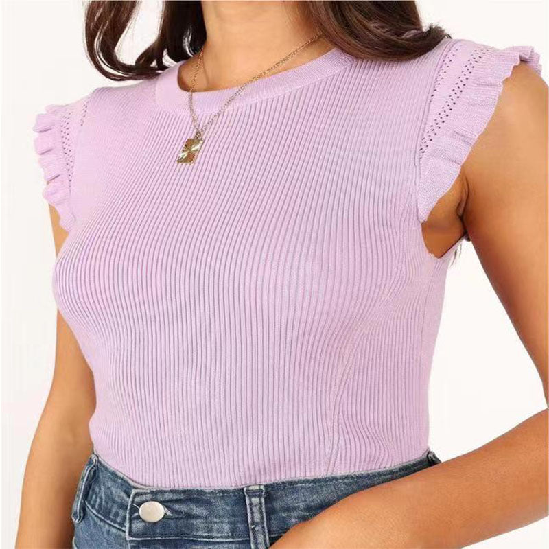 Damen figurbetontes Ripp-Shirt mit Rüschen EB