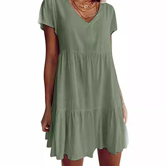 Damen luftiges V-Ausschnitt Kleid mit Rüschensaum und praktischen Taschen EB