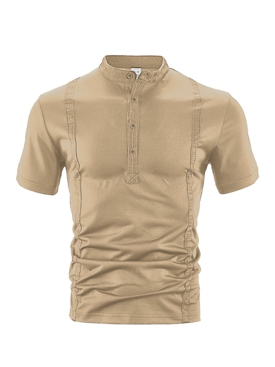 Herren nan Kurzarm-Stehkragenshirt mit verdeckter Knopfleiste, Zierpaspeln und figurbetonter Silhouette EB