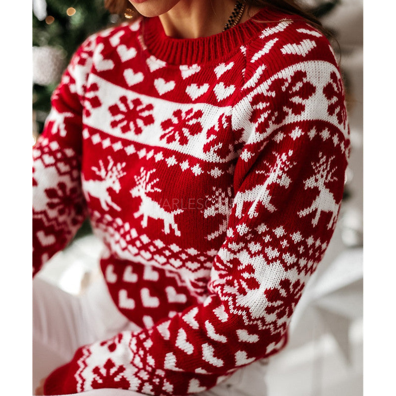 Damen Strickpullover mit weihnachtlichem Muster und Rundhalsausschnitt EB