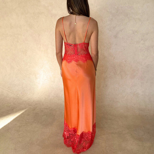 Damen Elegantes Nachtkleid mit transparentem Spitzeneinsatz und verstellbaren Trägern EB
