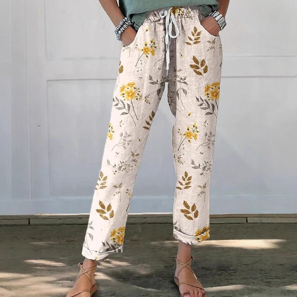 Damen Leinenoptik-Hose mit floralem Print, weitem Bein und Tunnelzug EB