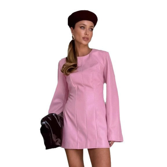 Damen Kunstleder Minikleid mit weitem Schnitt und eleganten Details EB