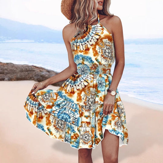 Damen luftiges Wickelkleid mit buntem Batikmuster und Gummizug EB