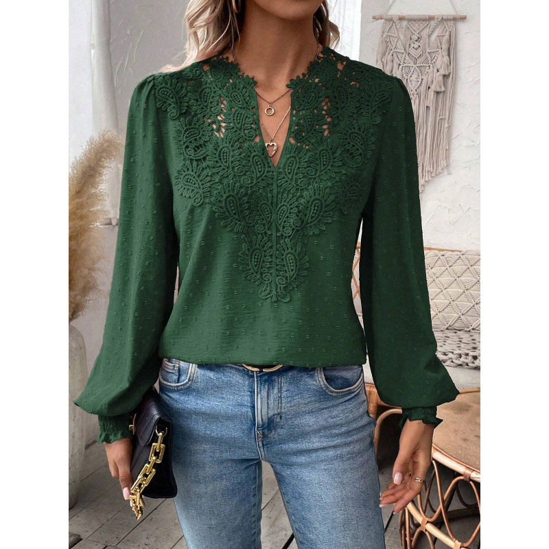Damen Bluse mit gesticktem V-Ausschnitt und langen Ärmeln EB
