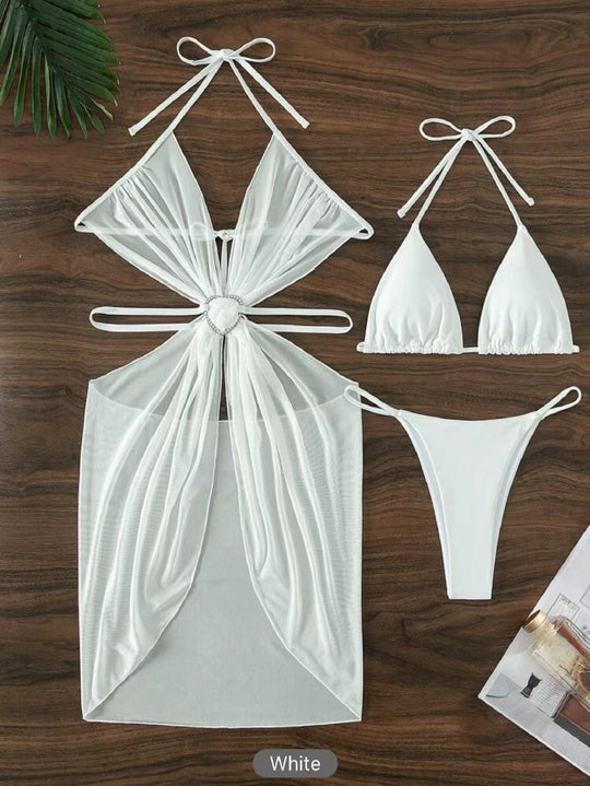 Damen Bikini-Set mit verspieltem Herzdesign und transparentem Überwurf EB