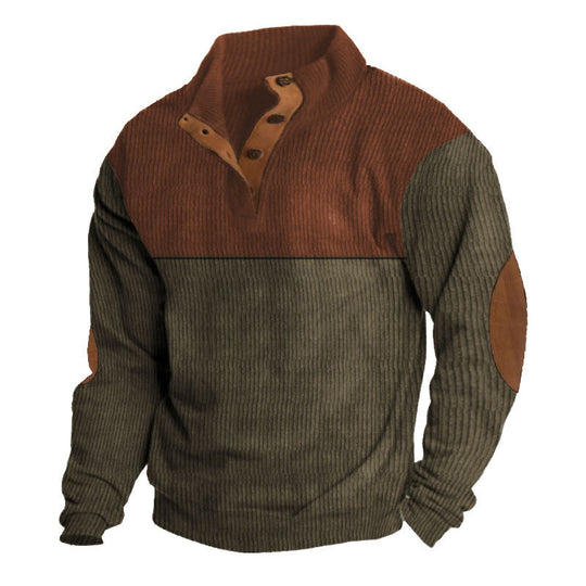 Herren nan grober Rippstrick-Pullover mit Stehkragen, Knopfleiste und markanten Ellenbogenpatches EB