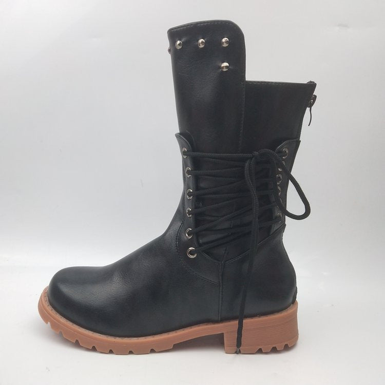 Damen nan robuste Worker-Boots mit dekorativer Wickelschnürung, Metallösen und profilierter Gummilaufsohle EB