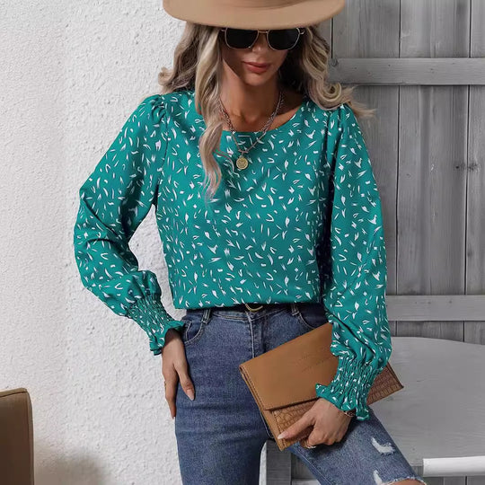 Damen elegante Bluse mit raffinierten Puffärmeln und zartem Muster EB